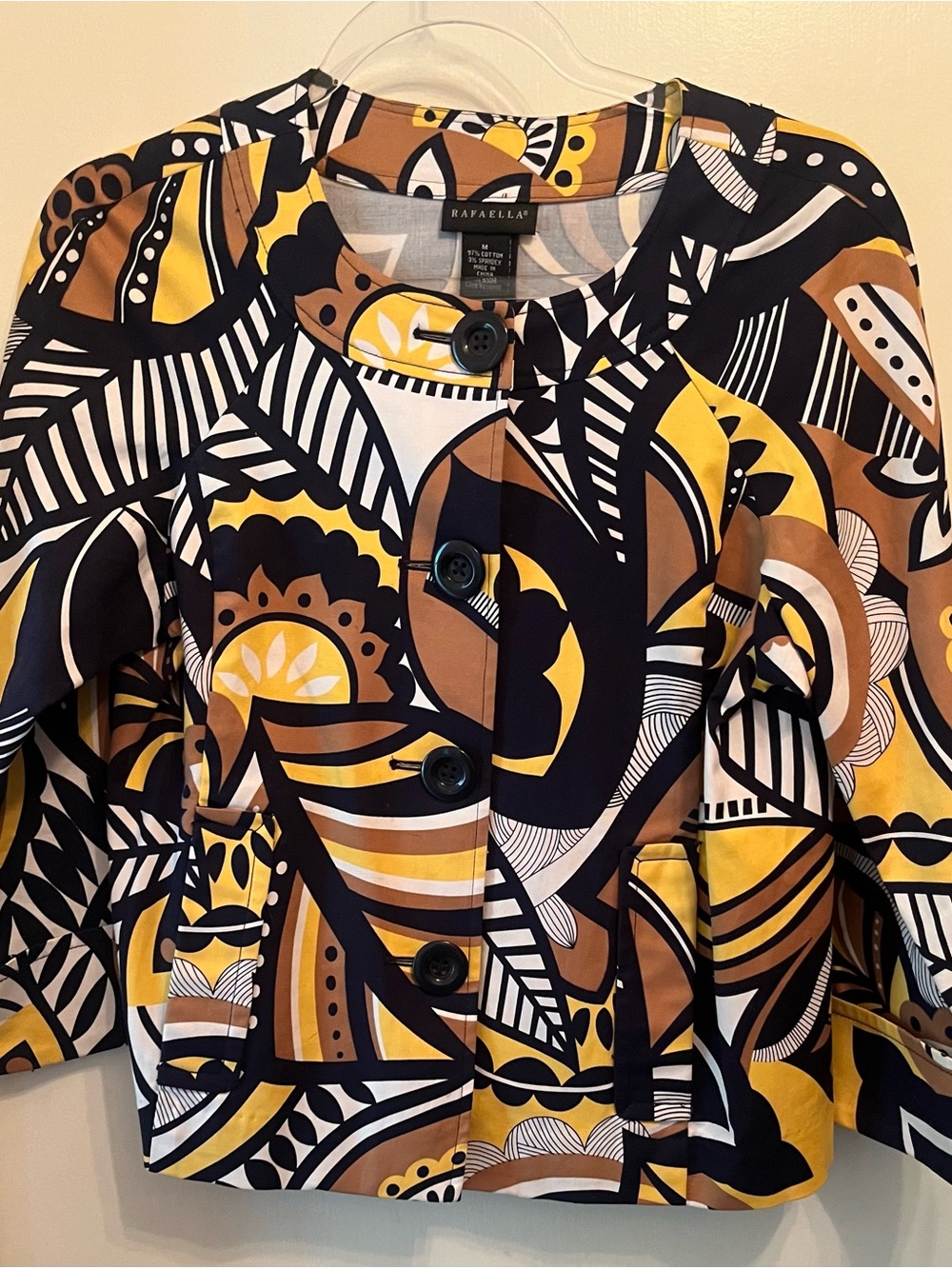 Rafaella Graphic Abstract Button-Front Jacket — Yellow, Navy & Brown - Sz M